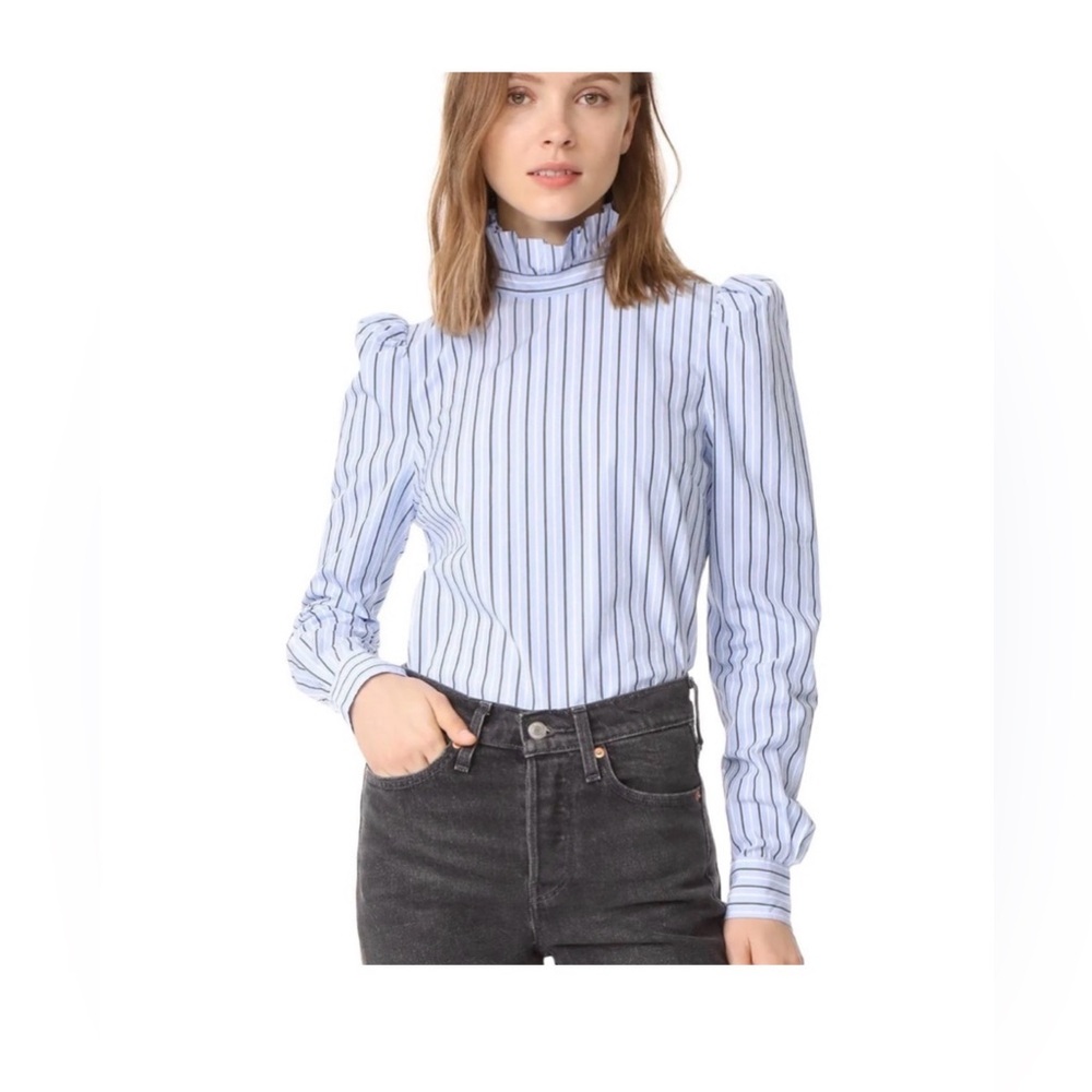 Frame Denim Blue and White Striped Ruffle Neck Blouse